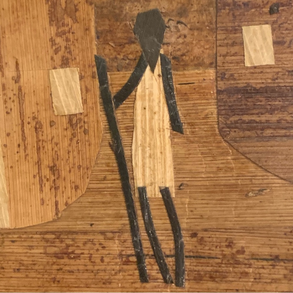 African Marquetry Rare Inlaid Wood Picture of Workers’ Hut w/Trees and Mountains - Picture 6 of 11